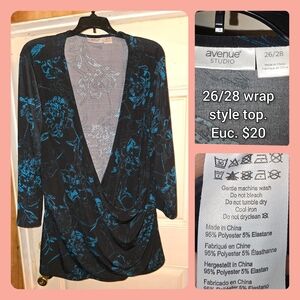 Avenue Black and Blue Floral Wrap Top